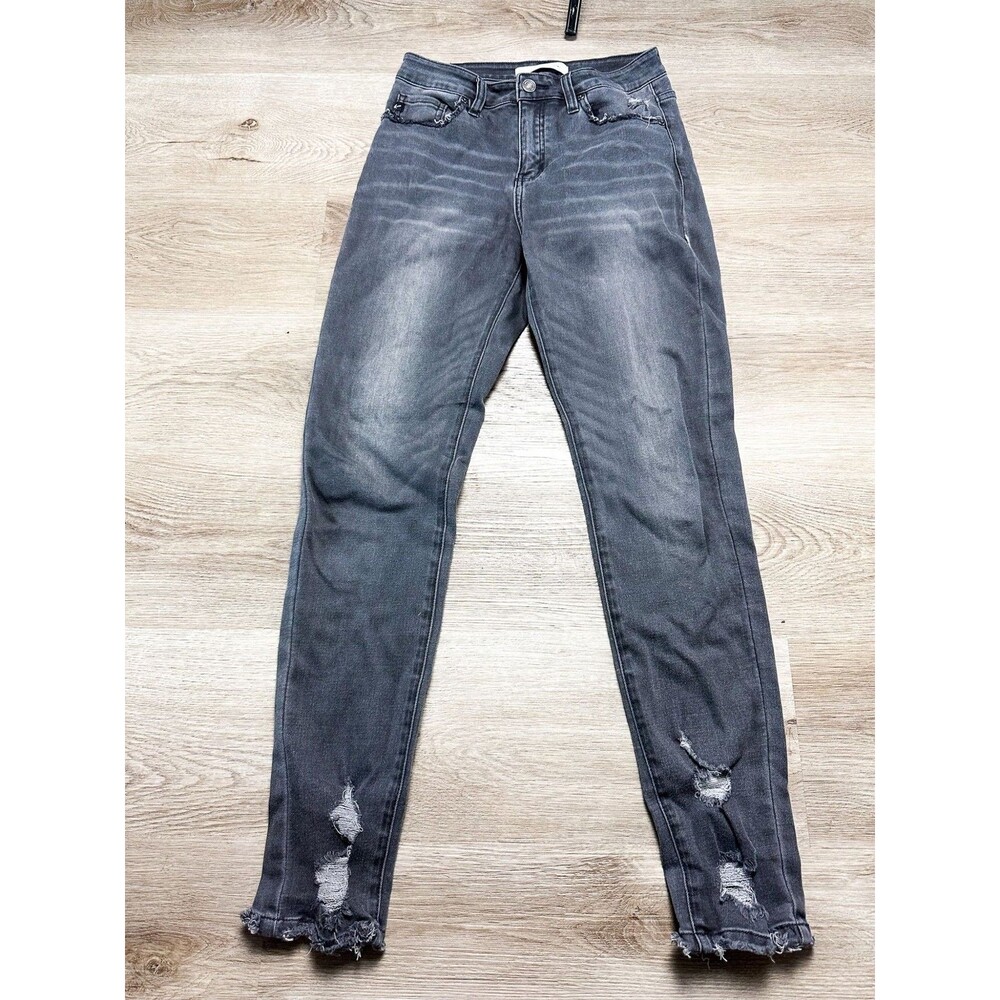KanCan | Black Washed Distressed Frayed Raw Hem Skinny Jeans 5 26 Womens